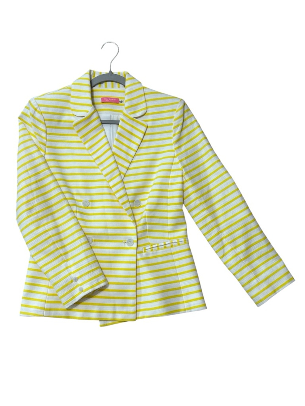 Isaac Mizrahi Yellow Striped Preppy Coastal Chic Double Breasted Blazer Size 8